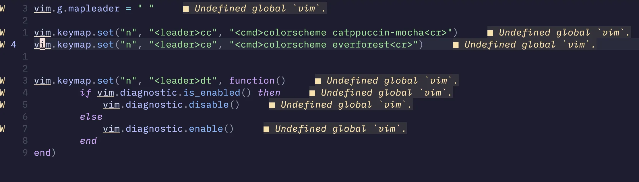 Screenshot of Neovim config with diagnostics/warnings.